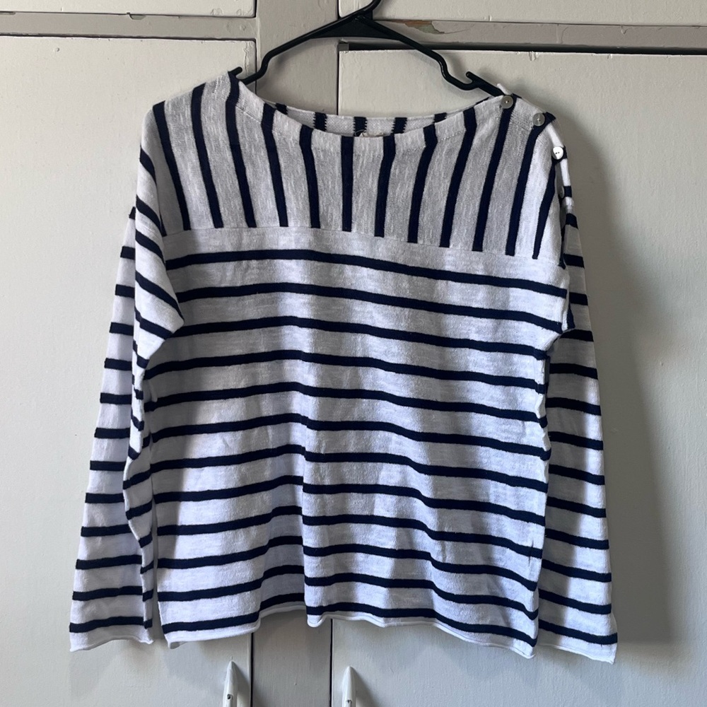 Eileen Fisher Organic Linen Cotton White Navy Stripe Top Size PM